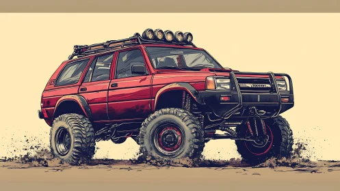 Red lifted off-road SUV accelerates across loose dirt