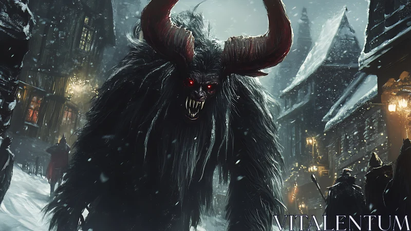 Horned winter wraith advancing through snowbound medieval alley.