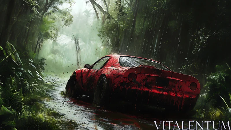 Scarlet sports car tearing through storm-drenched jungle trail.