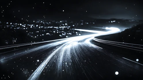 Curved highway light trails carve a luminous path at night