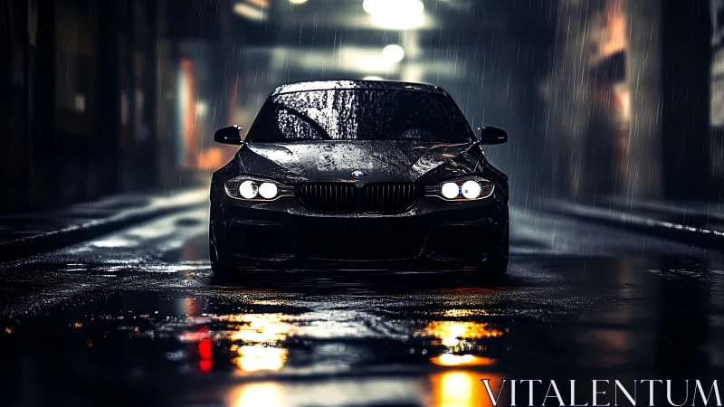 Sleek black BMW waits in a rain‑soaked neon city street