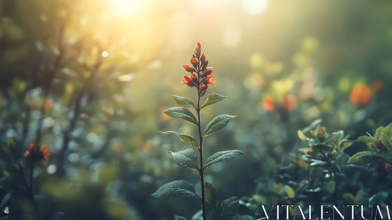 Single red flower stem stands in shallow-depth forest light
