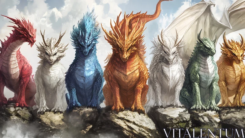 Seven elemental dragons sit aligned on rocky mountain ridge