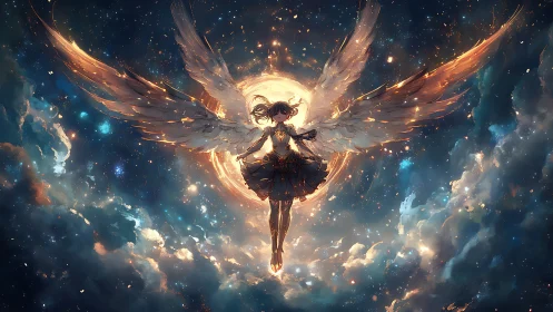 Winged figure silhouetted against luminous circular halo.