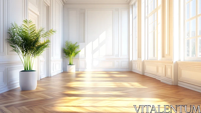 Sunlit classic interior with potted palms and parquet floor.