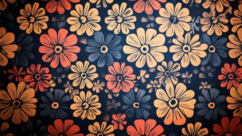 Bold retro floral pattern in orange, yellow, and navy.