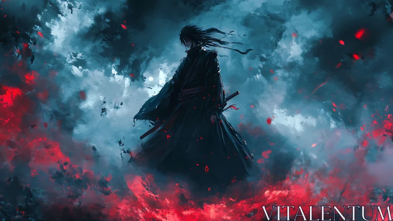 Lone samurai stands in swirling red and blue storm clouds.
