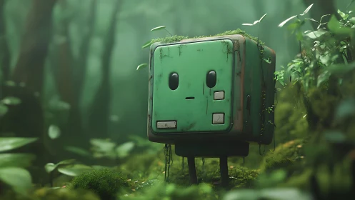 Curious forest robot quietly daydreams among soft green moss