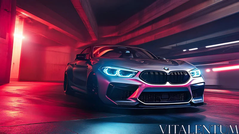 Sleek BMW sports car glowing in neon city garage light.