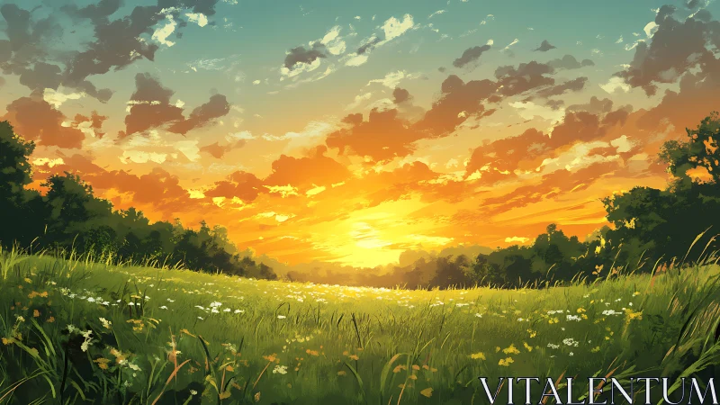 Sunset sky illuminates grassy wildflower meadow with trees