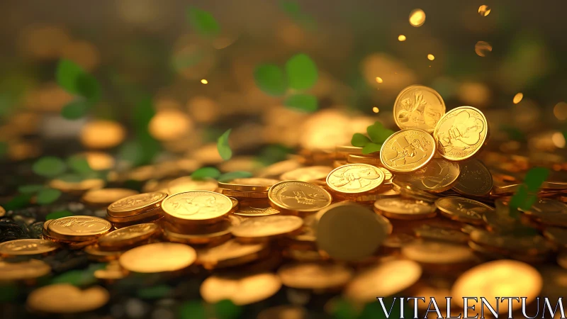 Gold coins scatter across lush clover field in glow.