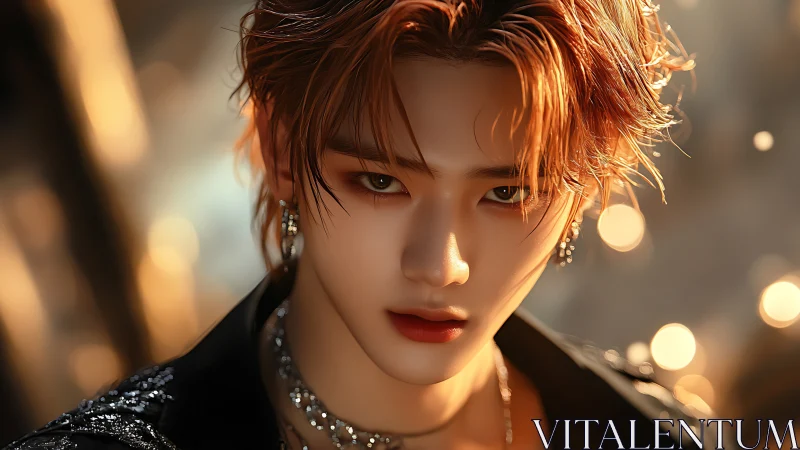 Digital close-up portrait of androgynous person in bokeh light.