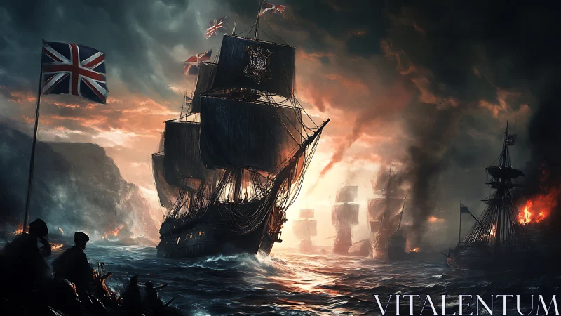 Royal Navy ship-of-the-line in storm-lit Napoleonic sea battle