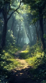 Luminous Forest Pathway with Towering Canopy and Golden Atmospheric Light