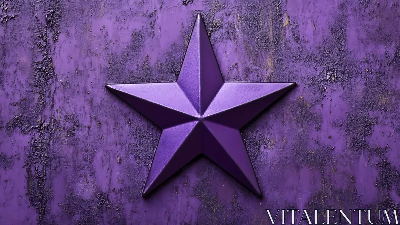 Purple 3D star rests on textured painted wall surface.