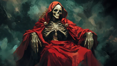 Macabre skeletal monarch lounges beneath a crimson shroud.