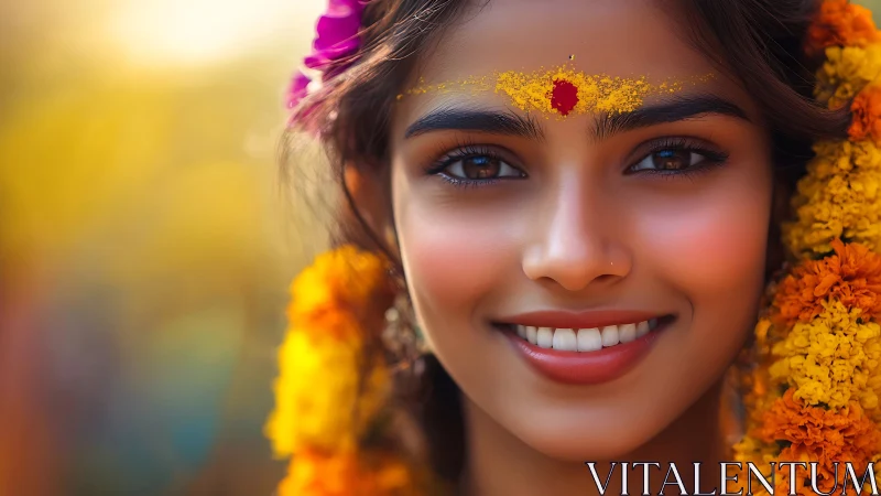 Digital portrait of adorned woman with floral garlands and tilak.