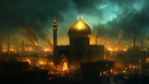 Golden-domed mosque structure stands amid illuminated cityscape