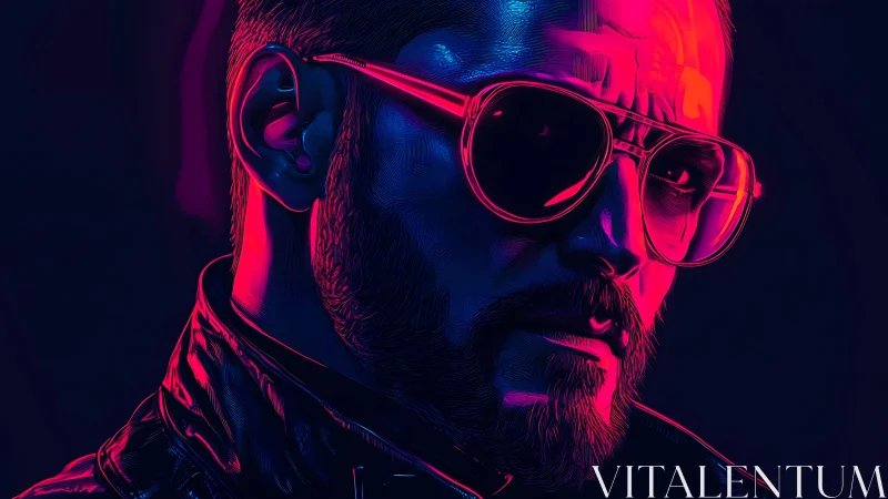 Neon-lit bearded figure in cyberpunk sunglasses portrait.