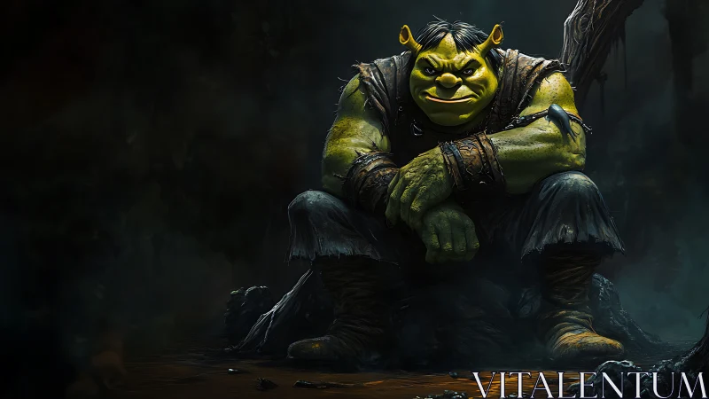 Brooding green ogre seated in swamp, cinematic low key lighting