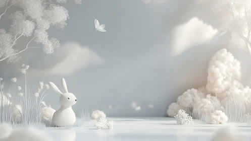 Dreamlit porcelain bunny waits beneath a wandering clouded sky.