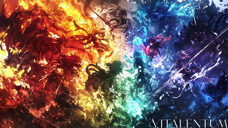 Elemental warriors clash in mirrored formation across chromatic rift