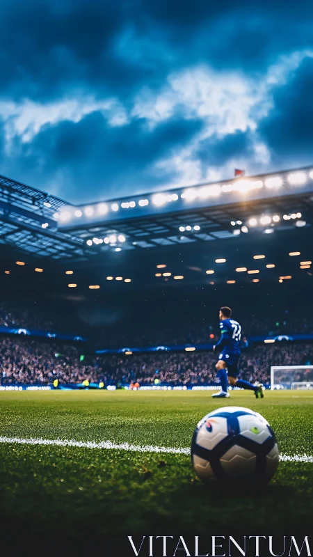 Soccer ball in sharp foreground as player runs in stadium