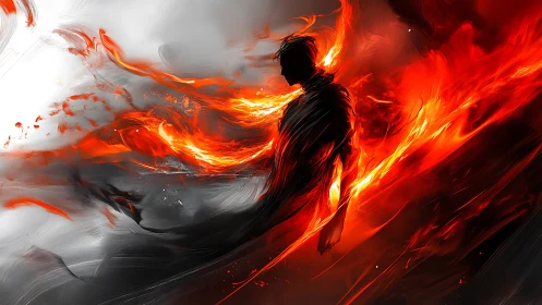 Digital painting of fiery silhouette with dynamic flame motion.