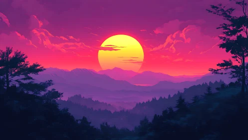 Sunset over layered mountains with silhouetted forest foreground.