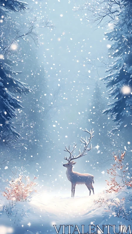 Deer stands in snowy forest clearing under falling snowflakes