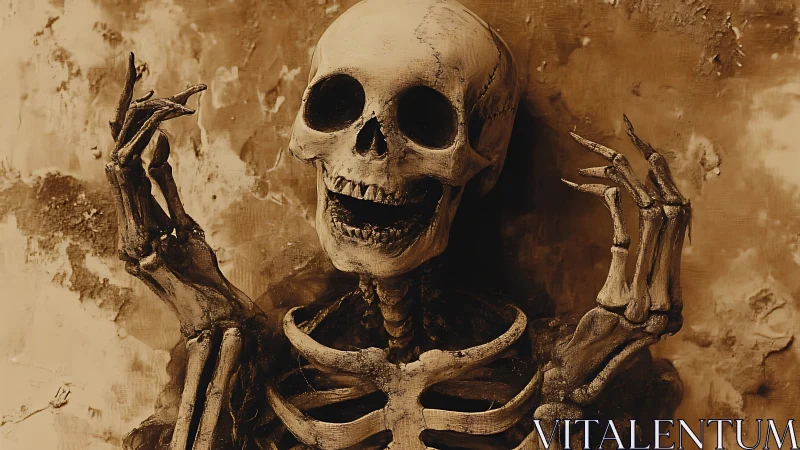 Human skeleton figure posed against textured plaster wall.