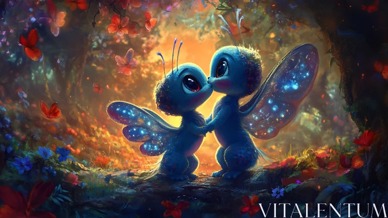Two Luminescent Creatures with Bioluminescent Wings Interacting.