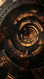 Rust-scarred concentric industrial tunnel with radial decay