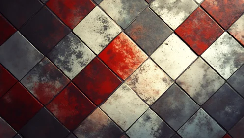 Warm rustic tiles in rich red, cream, and charcoal tones.