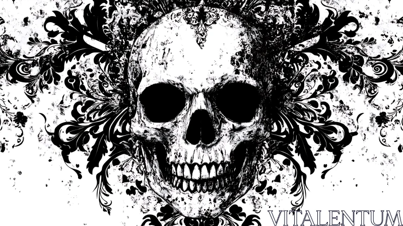 High-contrast skull portrait merges grunge splatter and baroque flourals