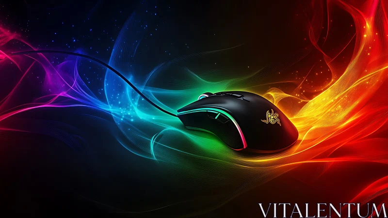 RGB-lit gaming mouse in dynamic multicolor energy wave field