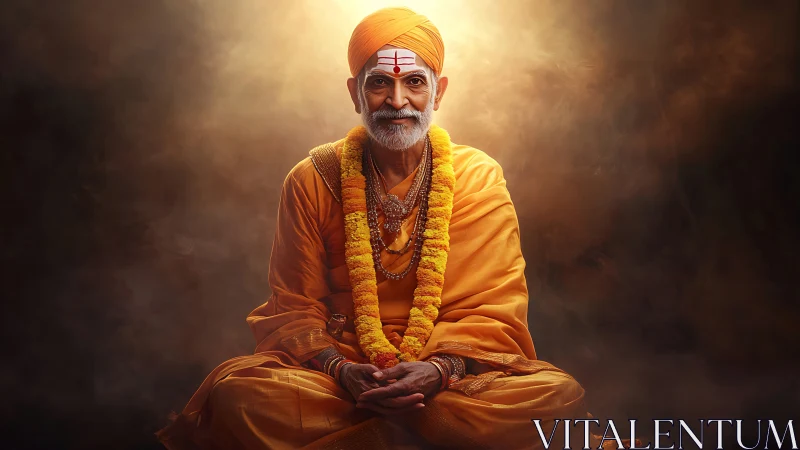 Elder Hindu ascetic in saffron robes under haloed rim lighting