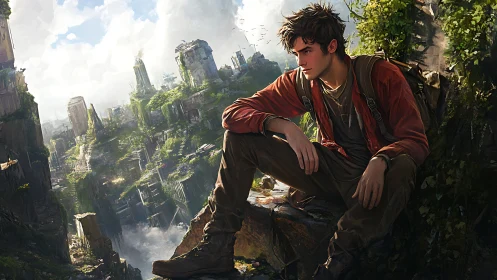 Rooftop wanderer above overgrown ruins of a fallen metropolis.