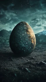 Monolithic speckled egg under cinematic twilight sky.