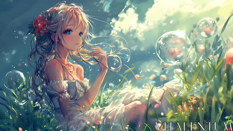 Sunlit meadow girl listens gently to whispering bubbles