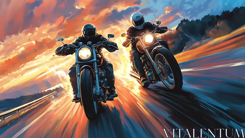 Dynamic twin motorcycles at speed on sunset highway in firelight