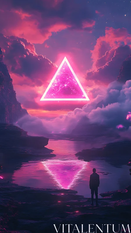 Neon triangle portal above reflective sci fi landscape.