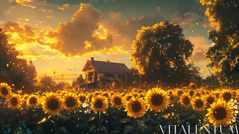 Sunlit sunflower field surrounding rural farmhouse at sunset.