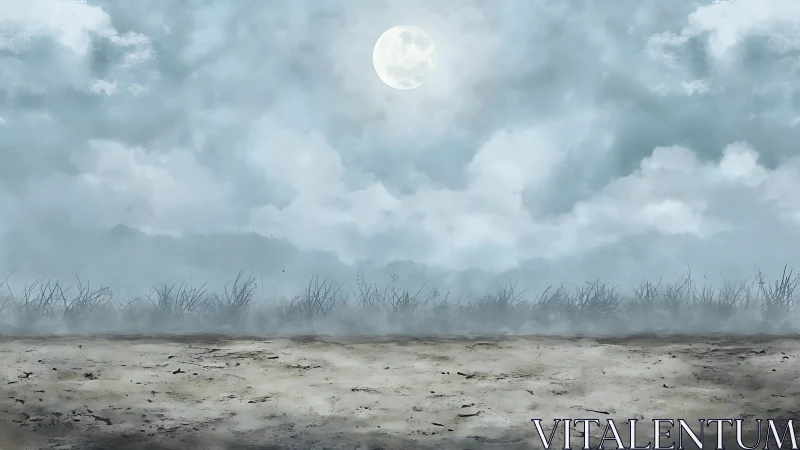 Full moon over misty field with barren cracked ground.