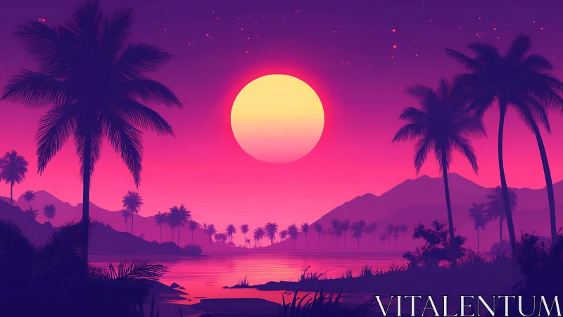 Neon tropic sunset over palm-framed lagoon horizon.