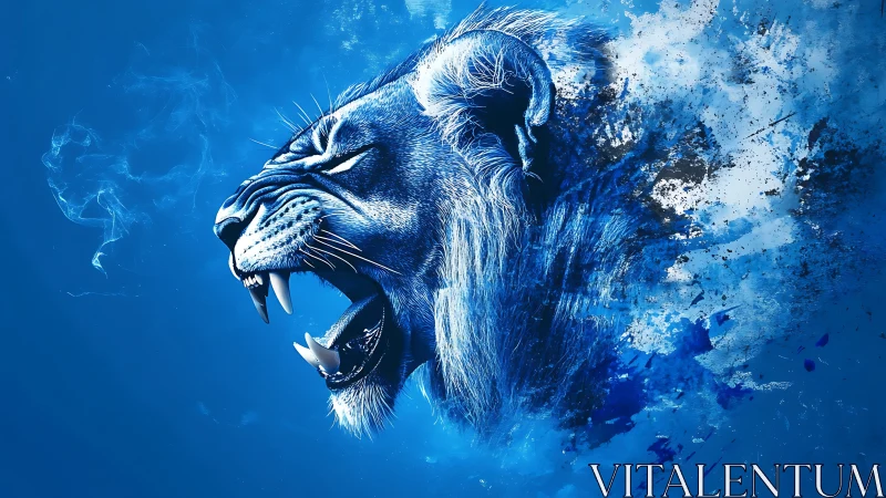Roaring blue lion head dissolving into abstract paint