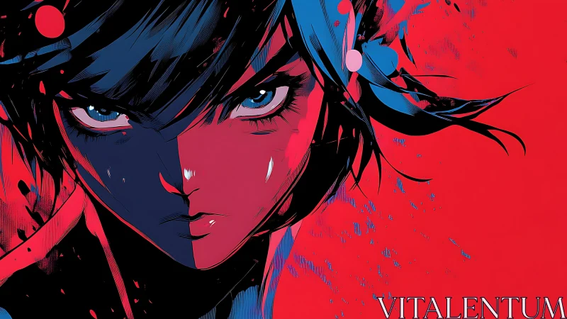 High-contrast anime portrait uses duotone palette and dynamic splatter