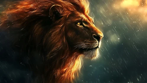 Majestic lion gazes into stormlight with fierce, calm resolve