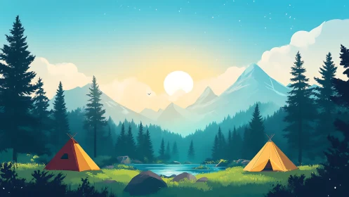 Sunrise mountain campsite by alpine lake with conifer forest