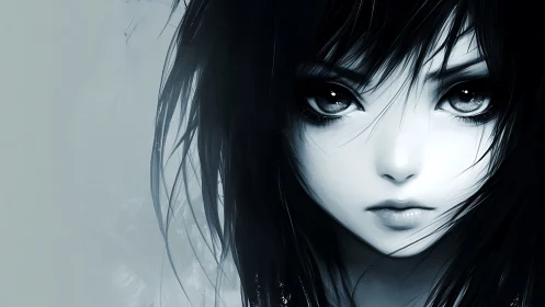 Monochrome anime portrait with luminous reflective eyes.